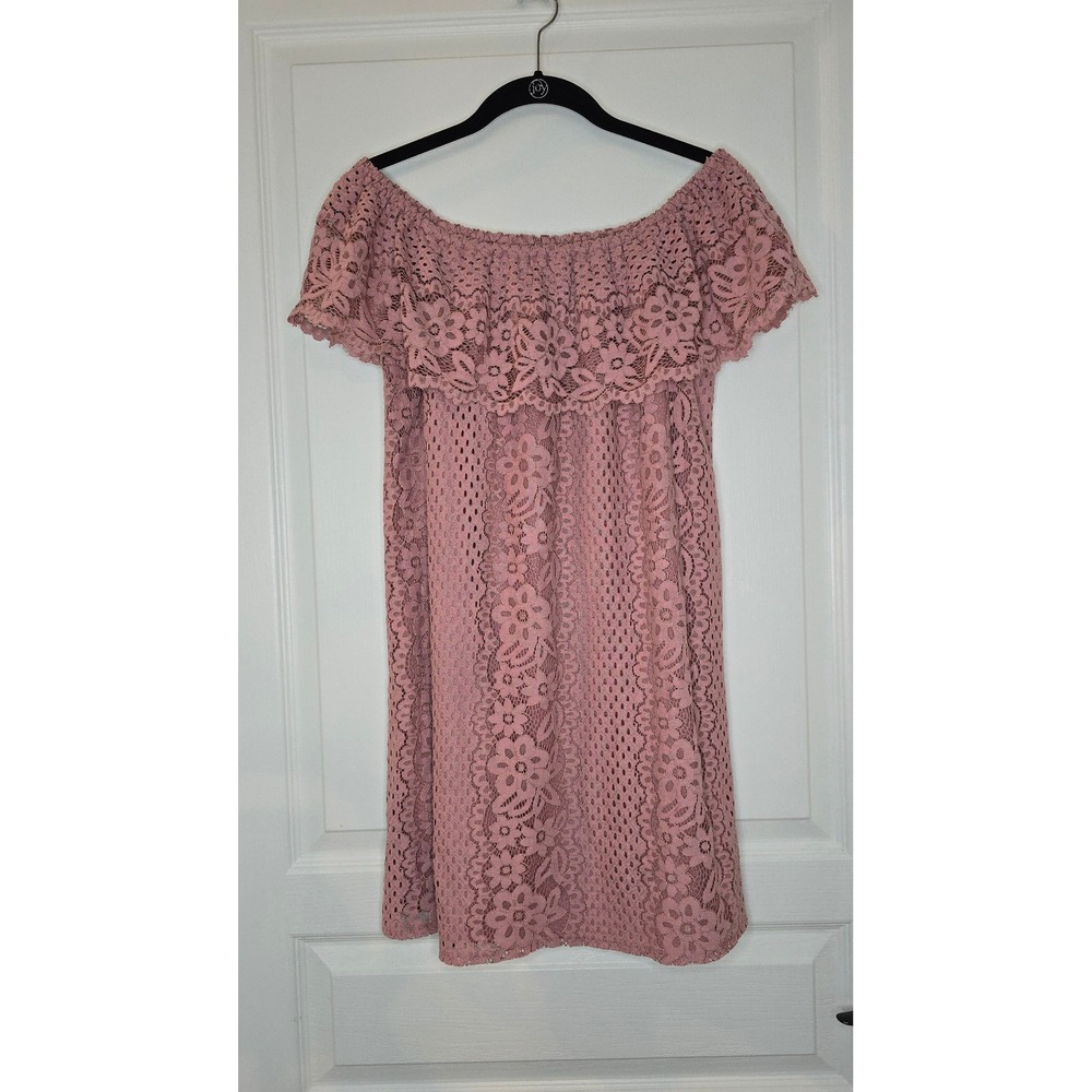 Pink Floral Lace Off The Shoulder Ruffle Shift Dress Dusty Rose Small - Picture 3 of 5